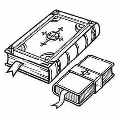 Two antique books with ornate covers and bookmarks one larger than the other presented in a clean line art style