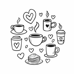 romantic coffee day icon set with unique cups outline minimal