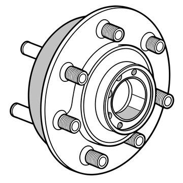 Detailed line drawing illustration of a vehicle wheel hub assembly with threaded studs and a bearing for automotive repair and maintenance concepts
