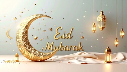 Elegant Eid Mubarak illustration featuring a golden crescent moon, glowing Arabic lanterns, and scattered golden stars on a soft pastel background