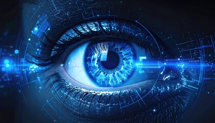 Close-up of a blue eye with digital effects and light beams, reflecting technology