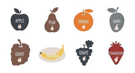 Set of colorful fruit silhouette icons with text labels for branding.