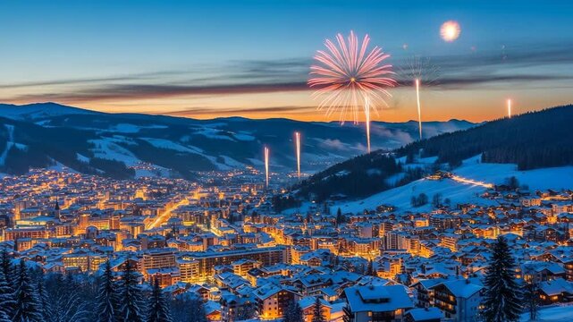 Winter Mountain Town with Festive Fireworks Lighting Up the Evening Skyline