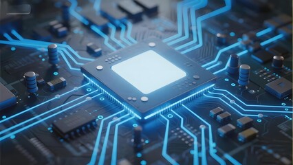 Close-up of a glowing microchip on a circuit board with illuminated blue pathways