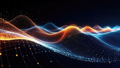 Digital, abstract artwork showing undulating waves of light in shades of orange and blue