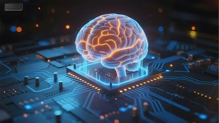 A glowing human brain integrated into a circuit board, symbolizing artificial intelligence and neural technology.