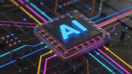 AI chip with glowing circuitry on a digital motherboard background