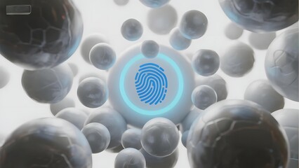 Digital fingerprint icon surrounded by floating spheres in a futuristic, abstract environment