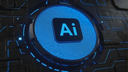 Digital AI interface with glowing blue circuitry and central AI symbol