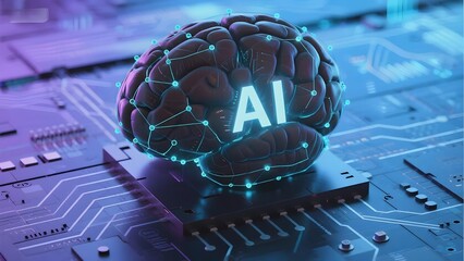 Artificial intelligence brain model on circuit board with glowing neural network connections
