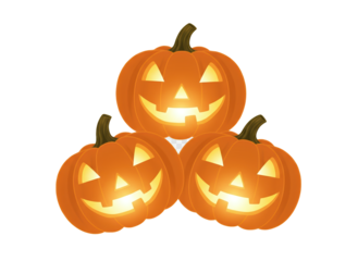 Glowing carved pumpkin trio with warm jack o lantern faces, festive Halloween mood and soft inner light creating playful autumn atmosphere
