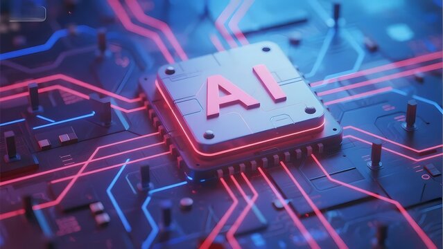 AI chip on a circuit board with glowing red and blue pathways - Powered by Adobe