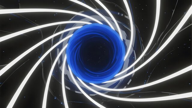 Abstract spiral tunnel with glowing blue center and white light streaks against a dark starry background - Powered by Adobe