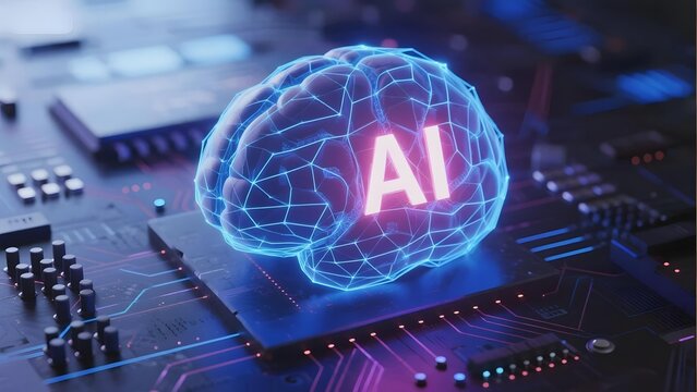A glowing digital brain with 'AI' displayed, hovering over a circuit board in a futuristic tech environment. - Powered by Adobe