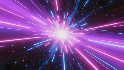 Fototapeta premium Vibrant cosmic burst with radiant purple and blue light streaks in a star-filled space background