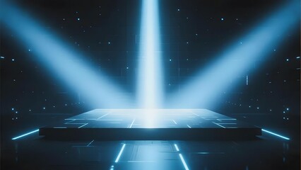 Futuristic stage illuminated by blue spotlights with a glowing grid platform under a starry dark sky