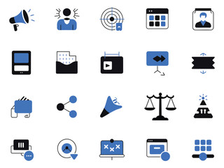 Collection of blue and black digital icons representing communication and business concepts.