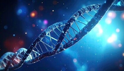 Close-up of a DNA double helix, blue with colorful bokeh background
