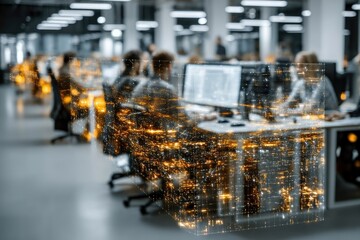 People Working on Computers with Cityscape Overlay