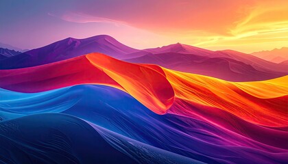 Surreal landscape with flowing fabric, mountains, and an abstract, vibrant sunset