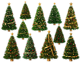 Festive Decorated Christmas Trees Collection, PNG Holiday Elements on Transparent Background