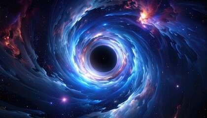 Digital painting of a black hole, swirling celestial clouds, and interstellar space