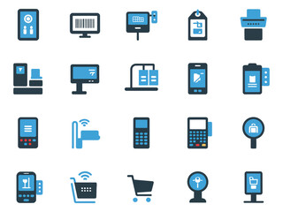 A collection of blue and gray icons representing various digital devices and technology.