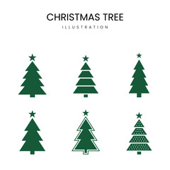 Set of six stylized green christmas tree icons for holiday design, isolated on white background