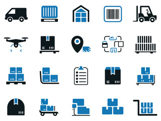 Logistics and delivery icons showcasing transportation and storage solutions in blue and black.