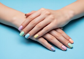 Fototapeta premium Elegant Female Hands with Stylish Pastel Manicure Showcased on a Vibrant Blue Background