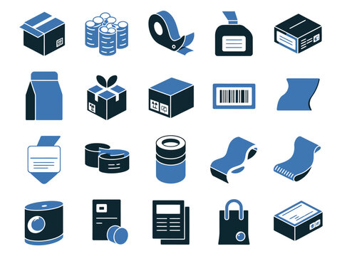 Variety of packaging icons in blue tones showcasing boxes, tape, labels, and containers.