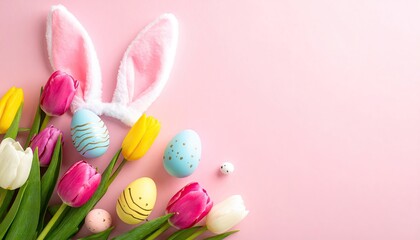 Easter scene with tulips, decorated eggs, and bunny ears on a vibrant pink background