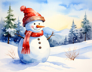 Obraz premium Snowman winter landscape with red hat and scarf, carrot nose, and pine trees covered in snow under bright blue sky, creating cheerful and festive atmosphere