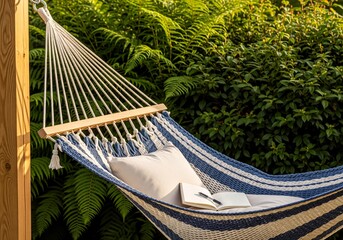 Fototapeta premium Serene Striped Hammock with Pillow and Open Notebook in a Lush Green Garden Setting