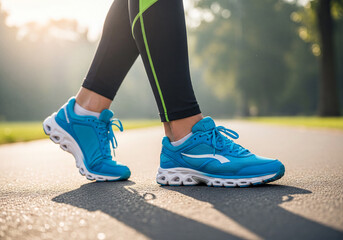 Fototapeta premium Active feet in blue running shoes walking on an outdoor path during a sunny morning workout.