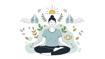 Obraz premium Woman Meditating in Lotus Pose with Stylized Lungs and Nature Elements for Mindfulness and Breathwork Concept