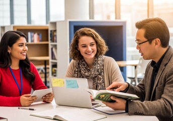 Diverse Group of Young Adult Students Collaborating on a Project in a Modern Library Setting
