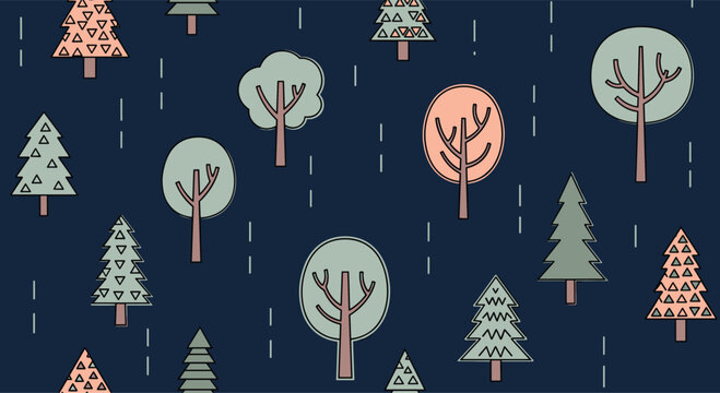 Fototapeta A repeating pattern of stylized trees in pastel colors on a dark blue background with rain, creating a whimsical forest landscape.