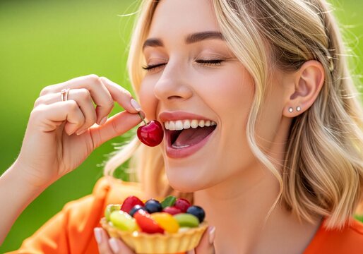 Smiling Blonde Woman Enjoying a Fresh Red Cherry and Holding a Colorful Fruit Tart Outdoors