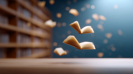 Floating books open pages library wooden shelf depth of field soft light motion education knowledge literature stir wonder and curiosity in calm library scene