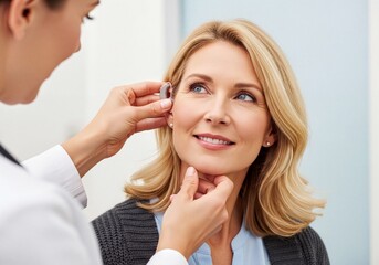 Audiologist Fitting a Modern Hearing Aid to a Smiling Adult Woman in a Professional Medical Setting