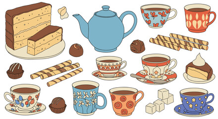 Charming hand-drawn collection of vintage-style tea party elements, including a teapot, patterned cups, cake, and assorted sweets.