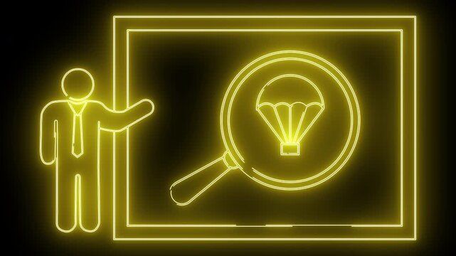 Yellow neon outlines a business figure pointing to a framed parachute under a magnifying glass on a black background