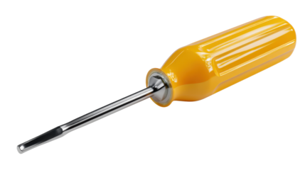 Yellow handle flathead screwdriver, essential hand tool for repair and assembly, professional equipment on transparent background