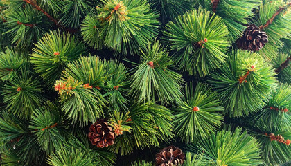 Pine branch with green needles and brown pine cones close up, natural texture of evergreen tree, fresh forest foliage, vibrant nature background with detailed leaves and cones