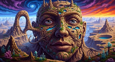 Obraz premium Surreal Cosmic Landscape with Ancient Stone Face and Vibrant Sky.