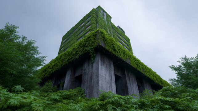 Mossy concrete tower overgrown vines abandoned building urban decay post apocalyptic green foliage jungle vegetation brutalist architecture moody sky nature reclaiming