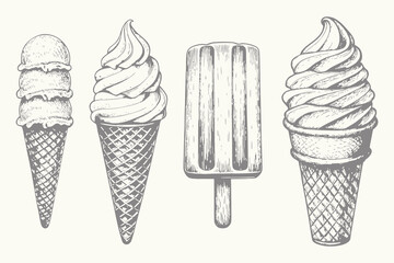 Vector Ice cream sketch desserts illustration. Sweet treats, bakery, cafe menu, summer dessert concept Retro vintage style doodle line art sketch. Eps 10