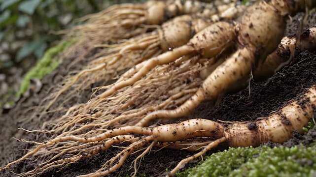 Earth's Vitality Freshly Harvested Ginseng Roots on Mossy Soil
