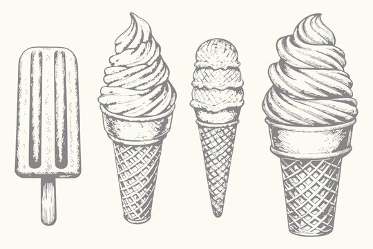 ice cream set vector illustration for creative design. Hand drawn collection illustrations with candies, scoop for it and berries for stuffing. Sketches for menu design.